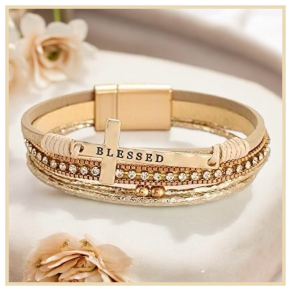 NWT Gold Leather Inspirational Blessed Christian Cross Boho Wrap Cuff Bracelet